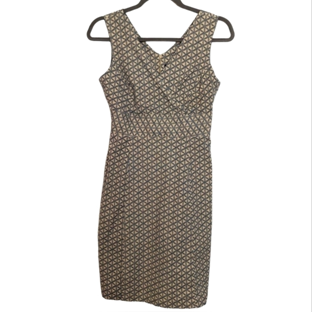 Vintage Y2K 2004 GAP Tan With Black Flower Print Sheath Knee Length Dress 2